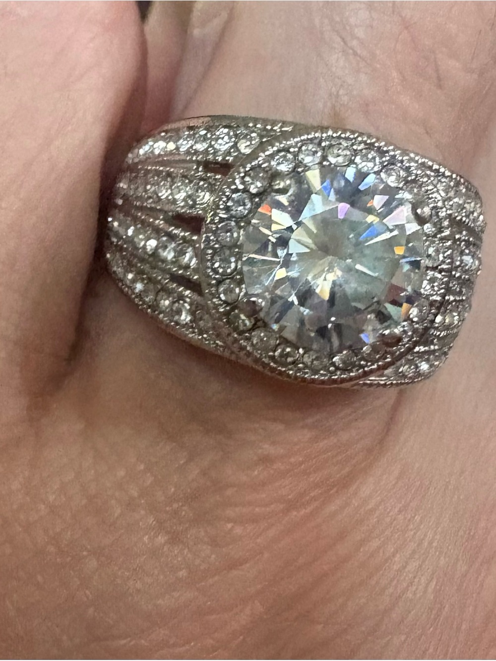 Silver Halo Cocktail Ring with Clear Center Stone - Women Jewelry